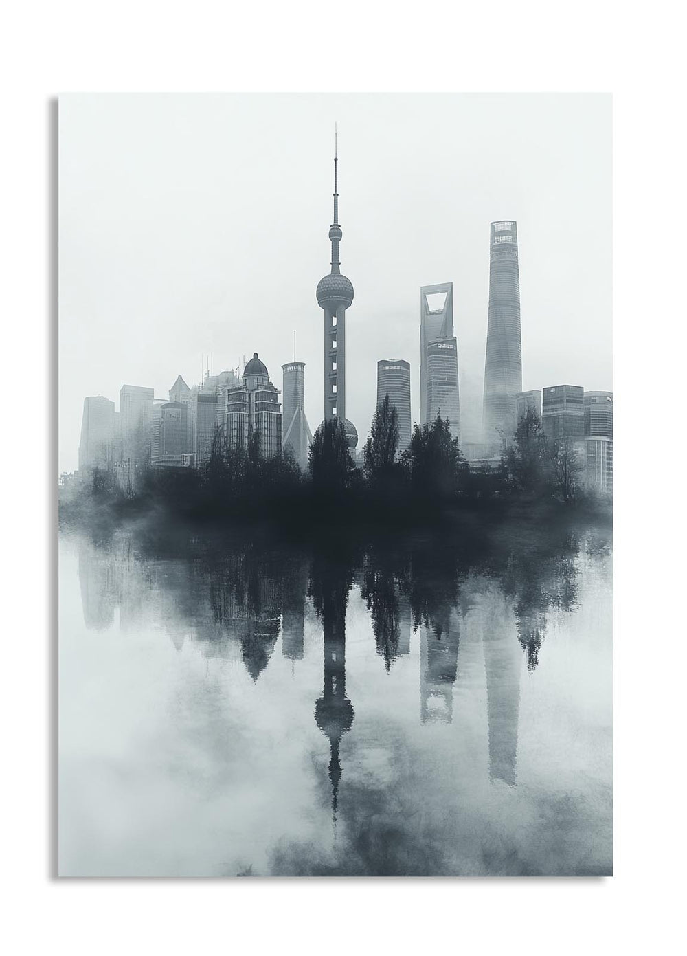 City skyline with reflection in water, artistic depiction, as a premium aluminum metal print from GoMetalPrint.
