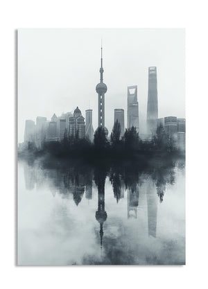 City skyline with reflection in water, artistic depiction, as a premium aluminum metal print from GoMetalPrint.
