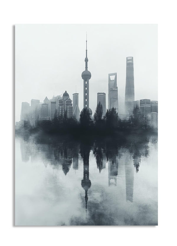 City skyline with reflection in water, artistic depiction, as a premium aluminum metal print from GoMetalPrint.
