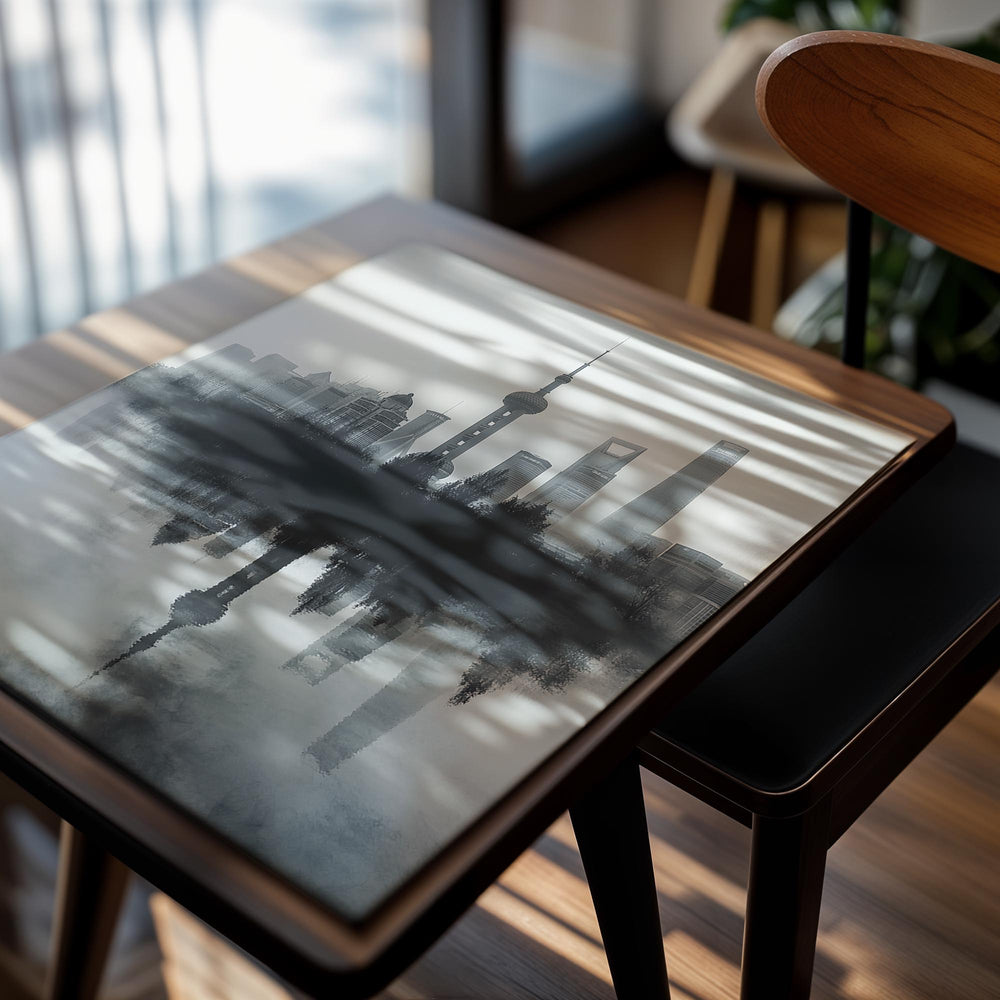 City skyline with reflection in water, artistic depiction, as a premium aluminum metal print from GoMetalPrint.
