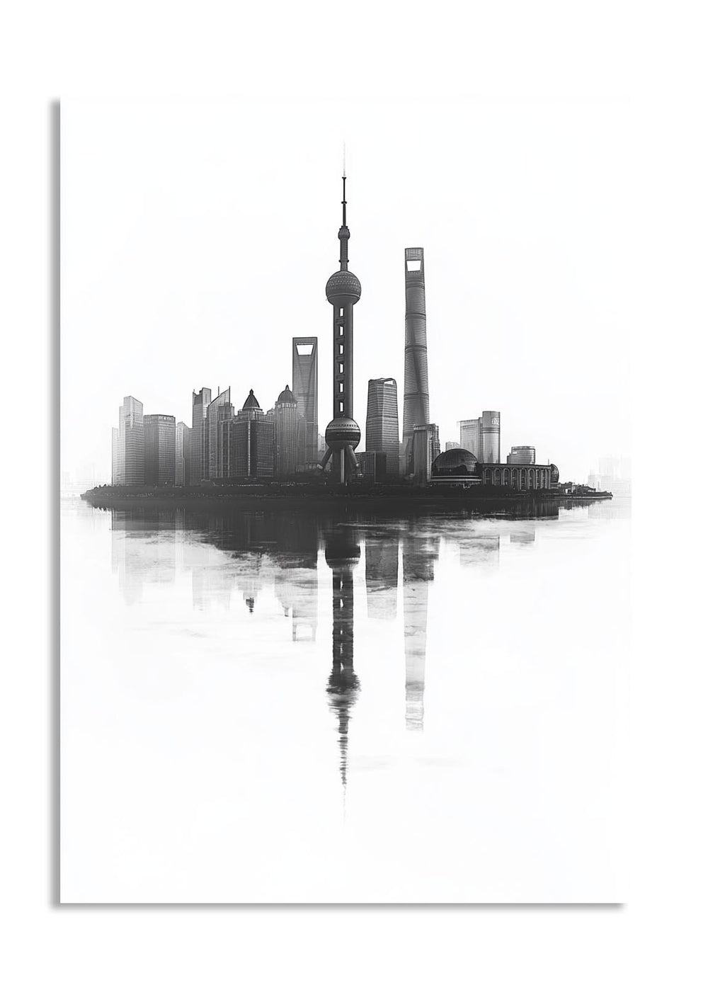 Black and white city skyline with reflection on a white background, as a premium aluminum metal print from GoMetalPrint.

