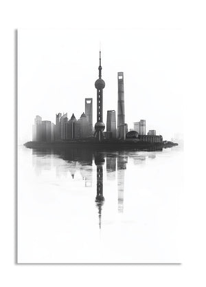 Black and white city skyline with reflection on a white background, as a premium aluminum metal print from GoMetalPrint.
