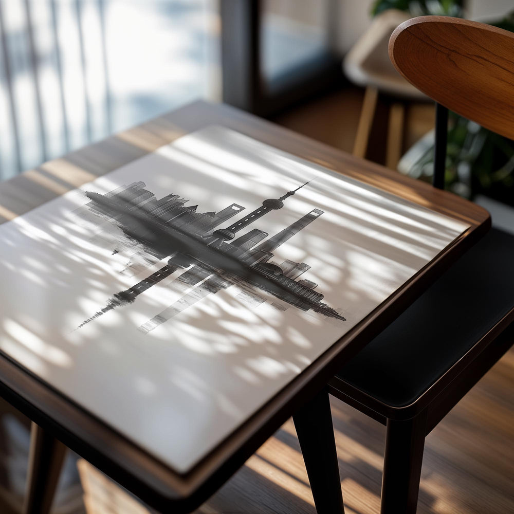 Black and white city skyline with reflection on a white background, as a premium aluminum metal print from GoMetalPrint.
