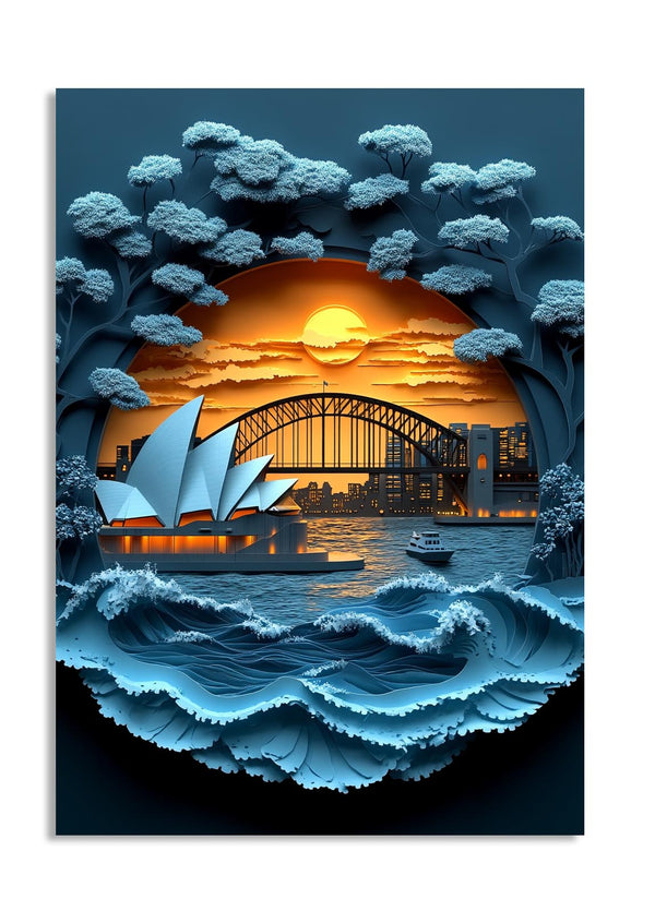 Artistic depiction of a sunset over a city with a prominent building and a boat on water, as a premium aluminum metal print from GoMetalPrint.
