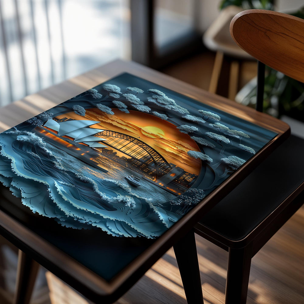 Artistic depiction of a sunset over a city with a prominent building and a boat on water, as a premium aluminum metal print from GoMetalPrint.
