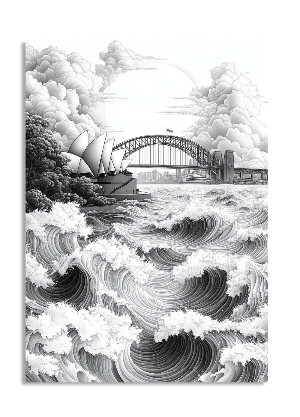 Black and white illustration of the Sydney Harbour Bridge and Opera House with large waves, as a premium aluminum metal print from GoMetalPrint.

