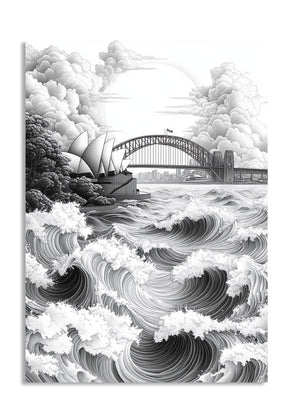 Black and white illustration of the Sydney Harbour Bridge and Opera House with large waves, as a premium aluminum metal print from GoMetalPrint.
