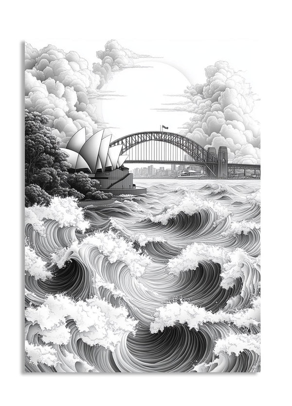 Black and white illustration of the Sydney Harbour Bridge and Opera House with large waves, as a premium aluminum metal print from GoMetalPrint.
