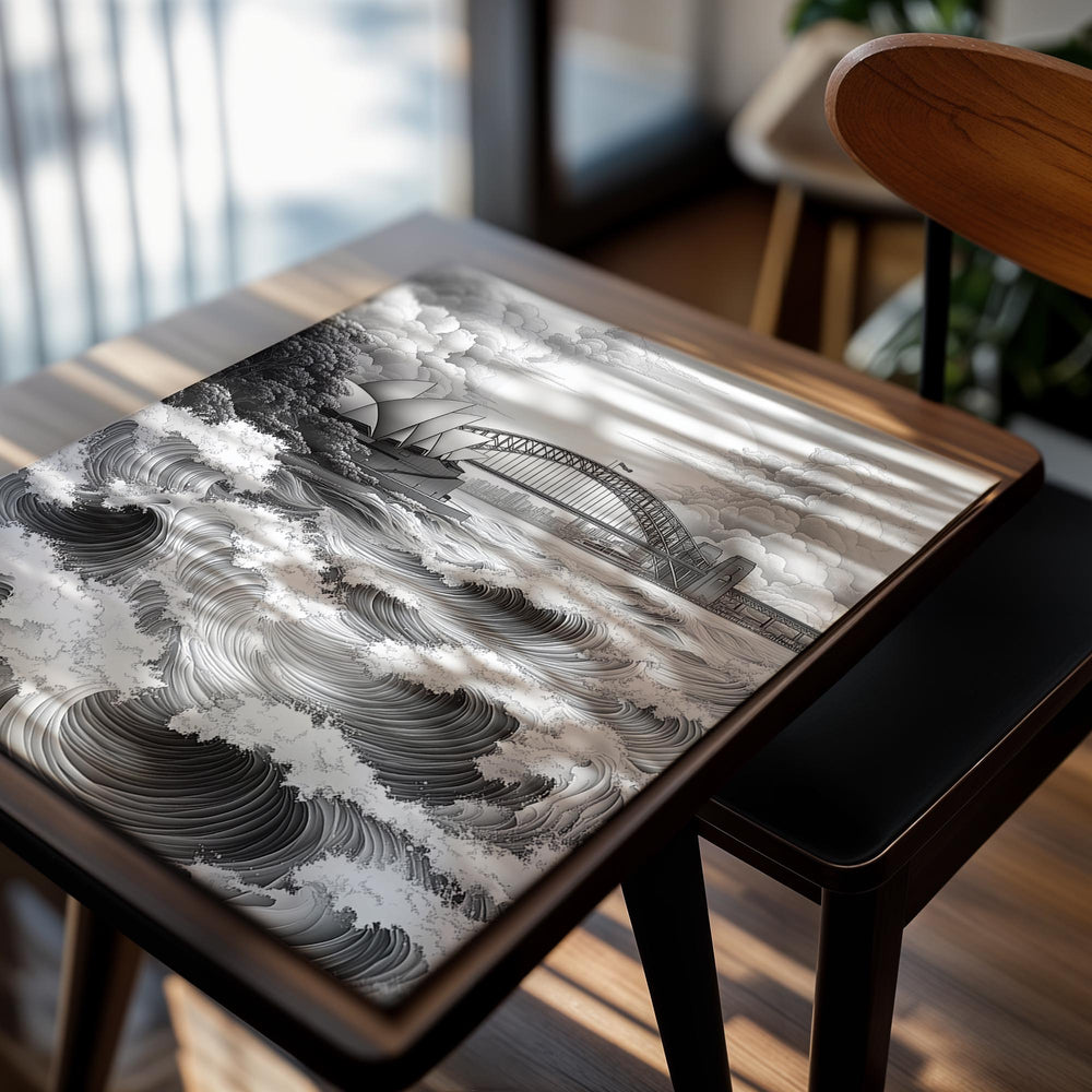Black and white illustration of the Sydney Harbour Bridge and Opera House with large waves, as a premium aluminum metal print from GoMetalPrint.
