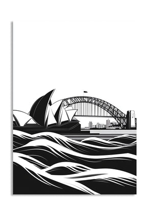 Black and white illustration of the Sydney Opera House and Harbour Bridge with wavy lines at the bottom, as a premium aluminum metal print from GoMetalPrint.

