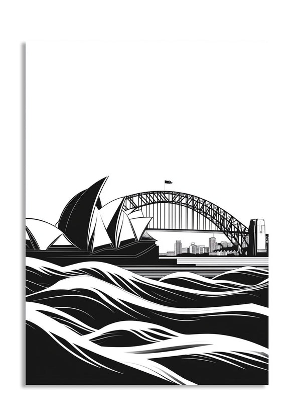 Black and white illustration of the Sydney Opera House and Harbour Bridge with wavy lines at the bottom, as a premium aluminum metal print from GoMetalPrint.

