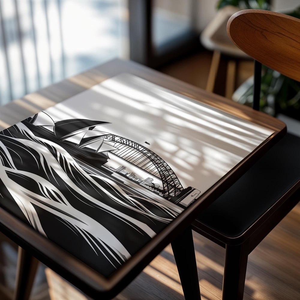 Black and white illustration of the Sydney Opera House and Harbour Bridge with wavy lines at the bottom, as a premium aluminum metal print from GoMetalPrint.
