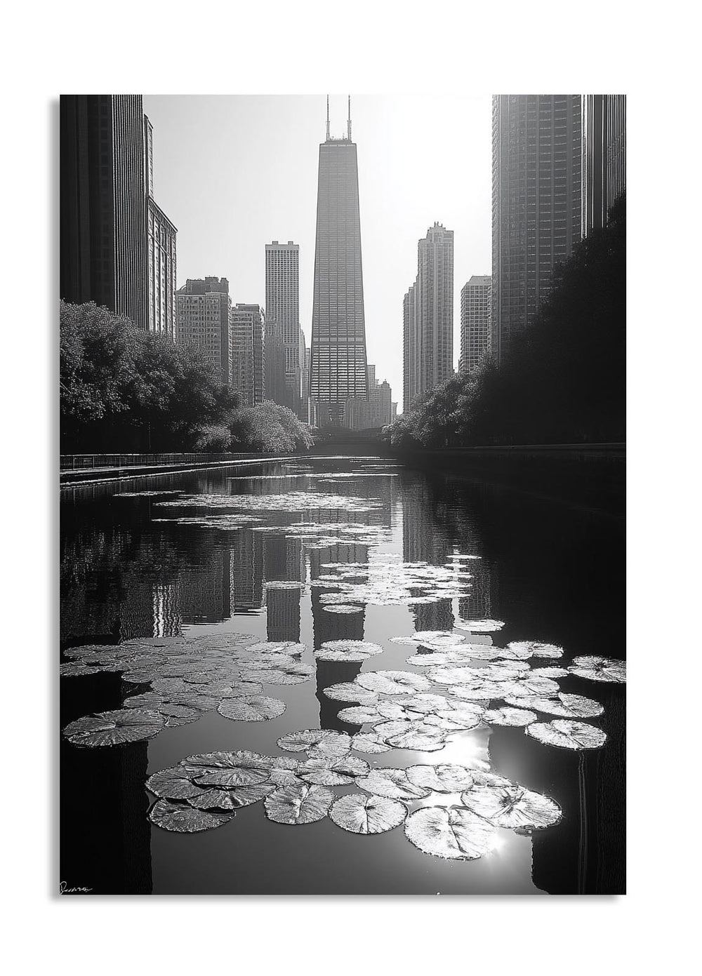City skyline reflected in water with lily pads, as a premium aluminum metal print from GoMetalPrint.
