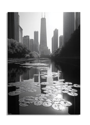 City skyline reflected in water with lily pads, as a premium aluminum metal print from GoMetalPrint.
