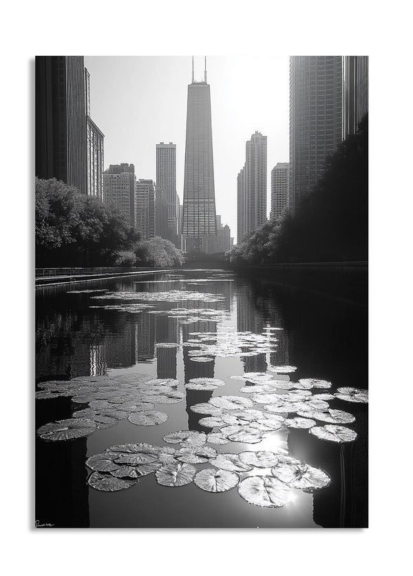 City skyline reflected in water with lily pads, as a premium aluminum metal print from GoMetalPrint.
