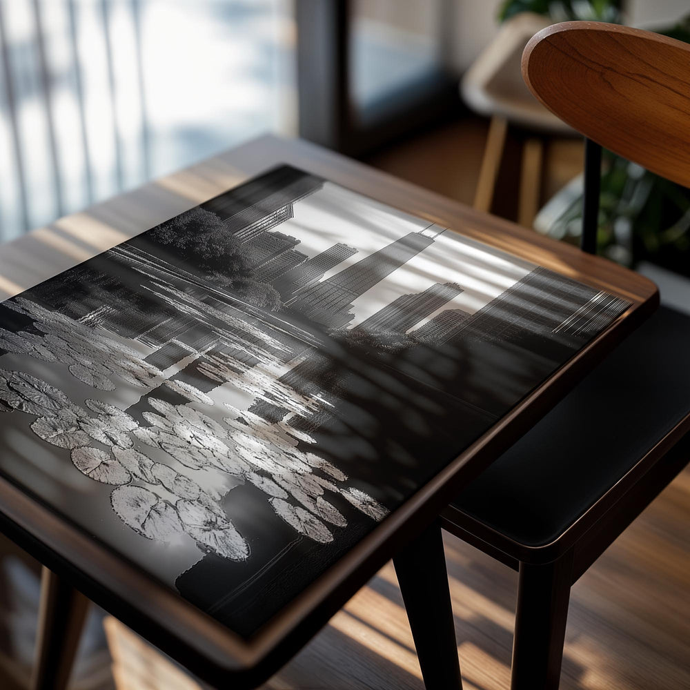 City skyline reflected in water with lily pads, as a premium aluminum metal print from GoMetalPrint.
