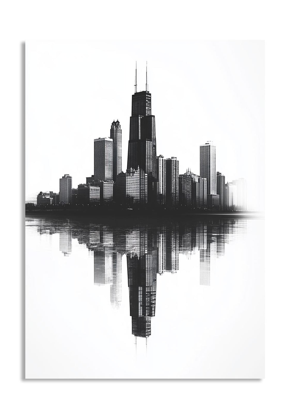 Black and white city skyline with reflection on water, as a premium aluminum metal print from GoMetalPrint.
