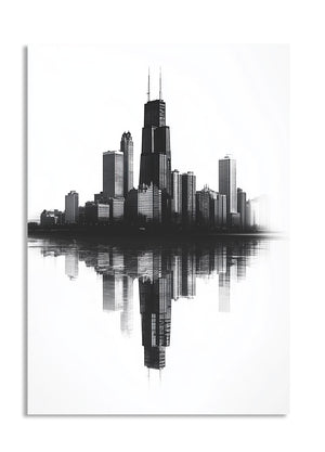 Black and white city skyline with reflection on water, as a premium aluminum metal print from GoMetalPrint.

