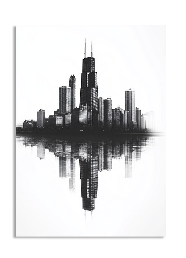 Black and white city skyline with reflection on water, as a premium aluminum metal print from GoMetalPrint.
