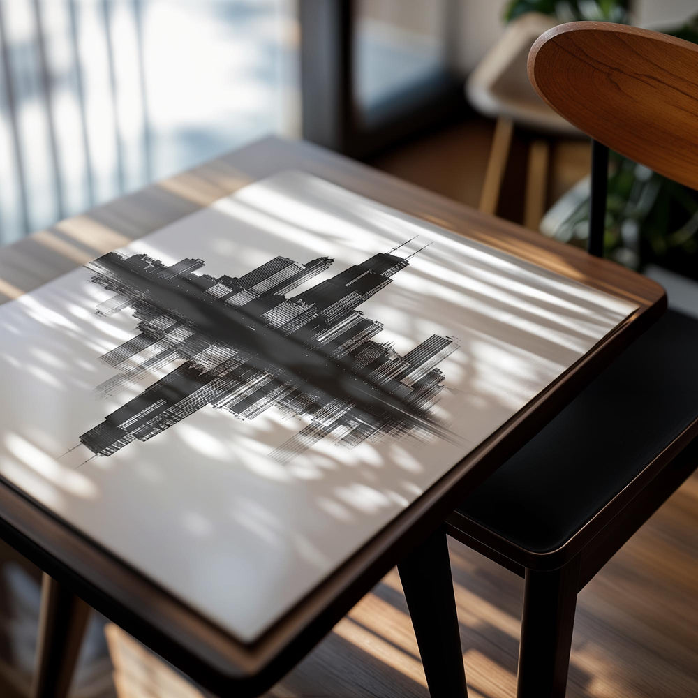 Black and white city skyline with reflection on water, as a premium aluminum metal print from GoMetalPrint.
