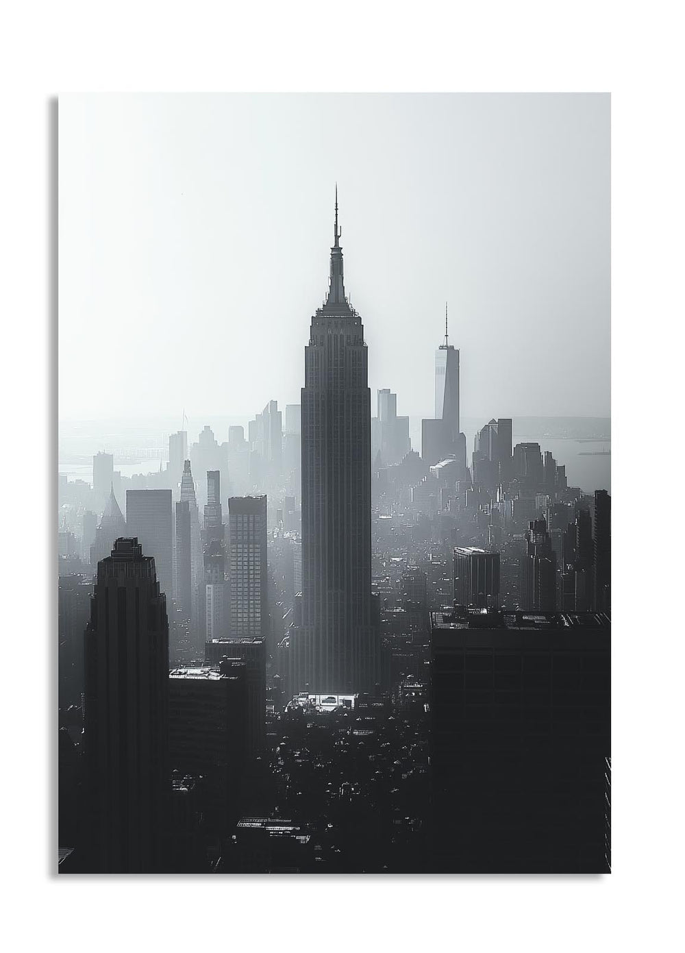 Black and white cityscape with prominent skyscrapers, including the Empire State Building, in a foggy or smoggy atmosphere, as a premium aluminum metal print from GoMetalPrint.
