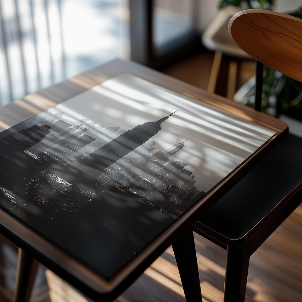 Black and white cityscape with prominent skyscrapers, including the Empire State Building, in a foggy or smoggy atmosphere, as a premium aluminum metal print from GoMetalPrint.
