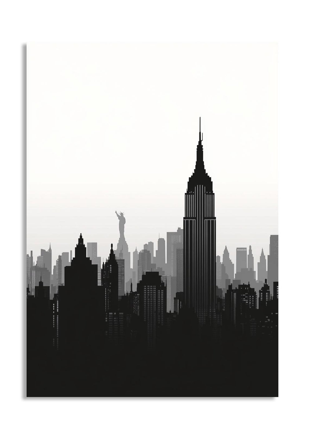 Black and white city skyline silhouette with prominent buildings on a white background, as a premium aluminum metal print from GoMetalPrint.
