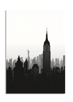 Black and white city skyline silhouette with prominent buildings on a white background, as a premium aluminum metal print from GoMetalPrint.
