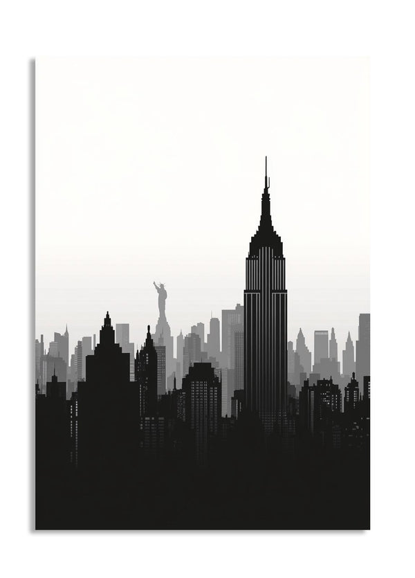 Black and white city skyline silhouette with prominent buildings on a white background, as a premium aluminum metal print from GoMetalPrint.
