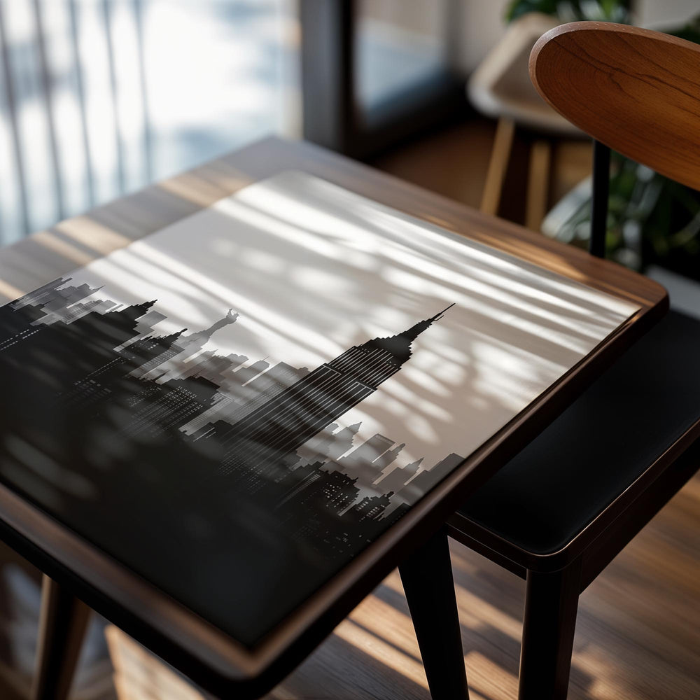 Black and white city skyline silhouette with prominent buildings on a white background, as a premium aluminum metal print from GoMetalPrint.
