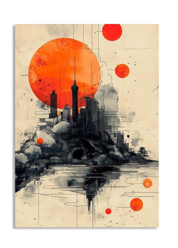 Artistic depiction of a cityscape with orange celestial bodies on a beige background, as a premium aluminum metal print from GoMetalPrint.

