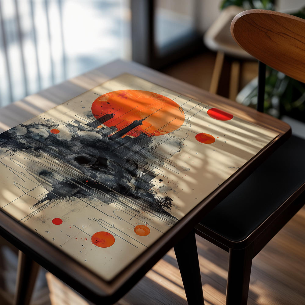 Artistic depiction of a cityscape with orange celestial bodies on a beige background, as a premium aluminum metal print from GoMetalPrint.
