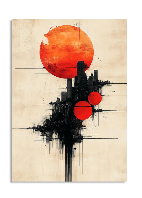 Abstract art print with red circles and black cityscape on beige background, as a premium aluminum metal print from GoMetalPrint.
