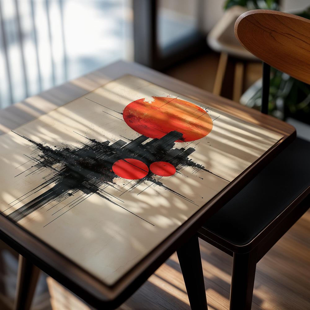 Abstract art print with red circles and black cityscape on beige background, as a premium aluminum metal print from GoMetalPrint.
