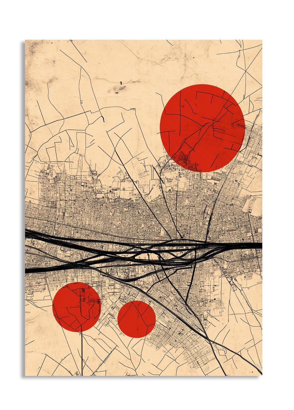 Map poster with red circles and black lines on a beige background, as a premium aluminum metal print from GoMetalPrint.
