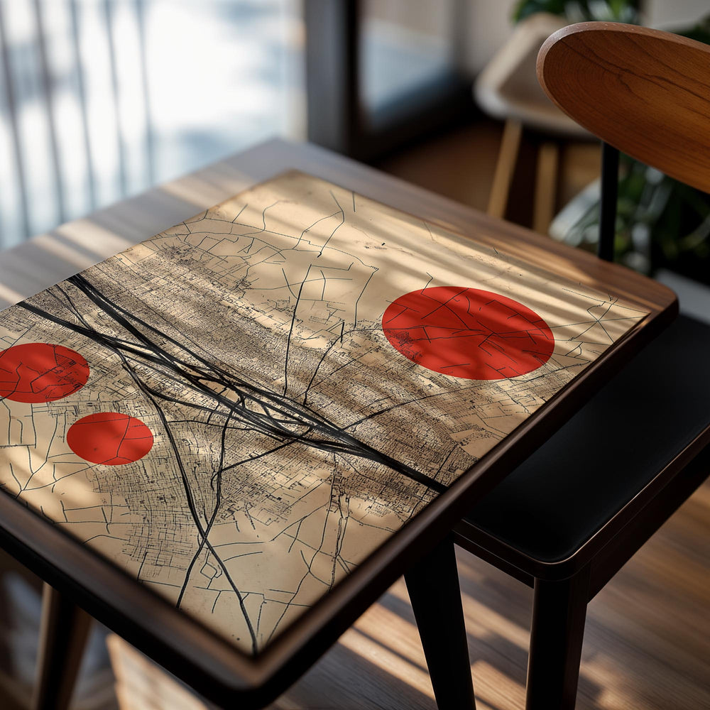 Map poster with red circles and black lines on a beige background, as a premium aluminum metal print from GoMetalPrint.
