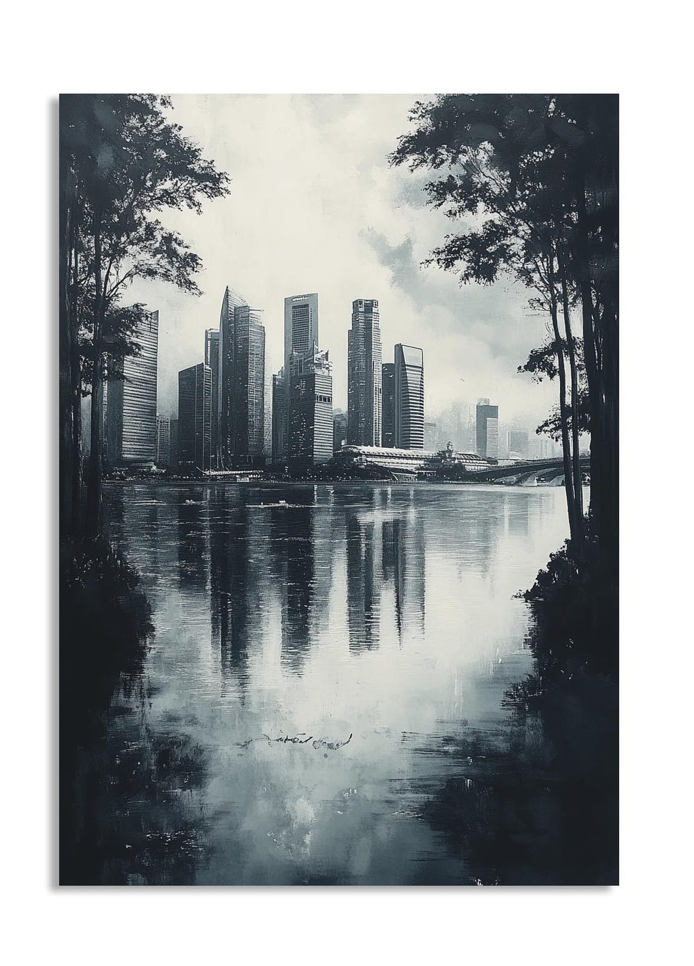 City skyline reflected in water with trees on either side, as a premium aluminum metal print from GoMetalPrint.
