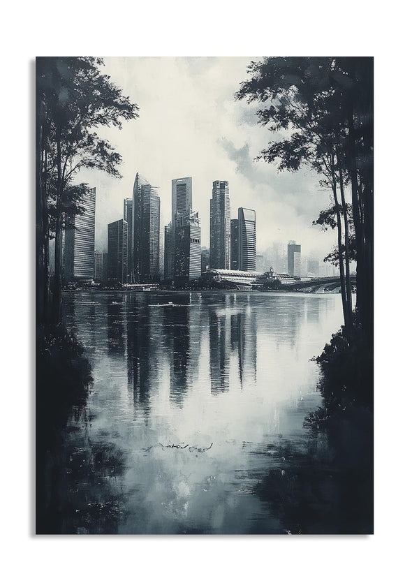 City skyline reflected in water with trees on either side, as a premium aluminum metal print from GoMetalPrint.
