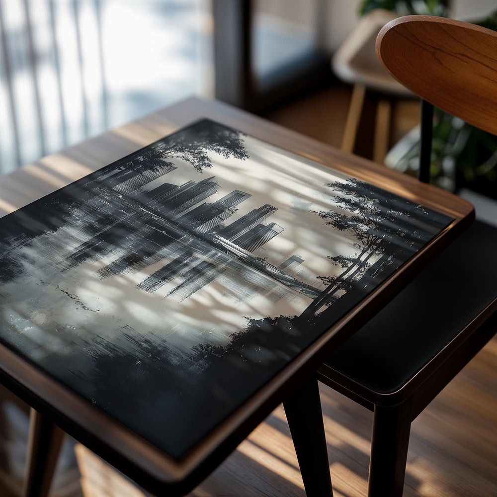 City skyline reflected in water with trees on either side, as a premium aluminum metal print from GoMetalPrint.
