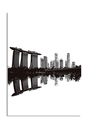 Black and white illustration of a city skyline with modern buildings and reflection, as a premium aluminum metal print from GoMetalPrint.

