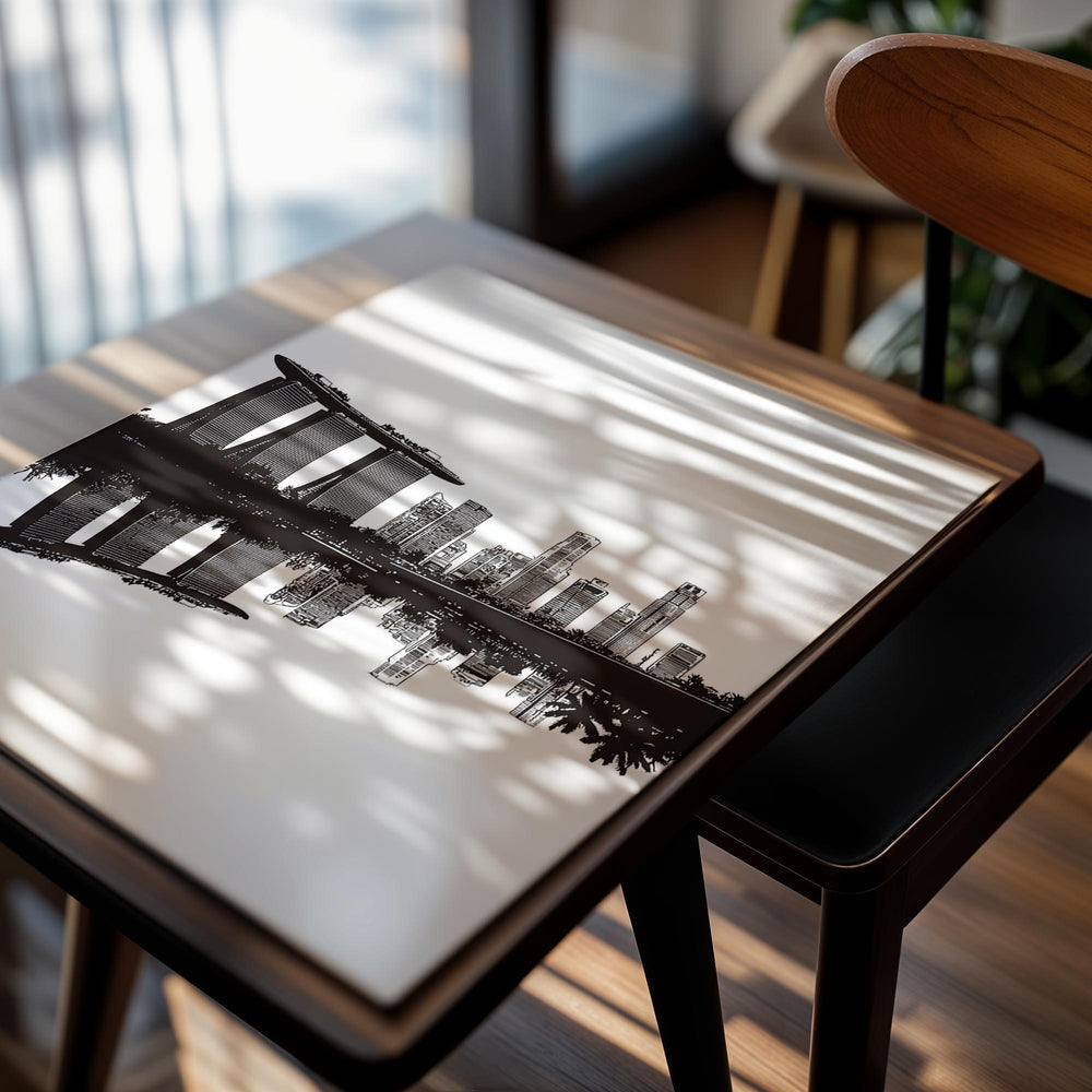 Black and white illustration of a city skyline with modern buildings and reflection, as a premium aluminum metal print from GoMetalPrint.
