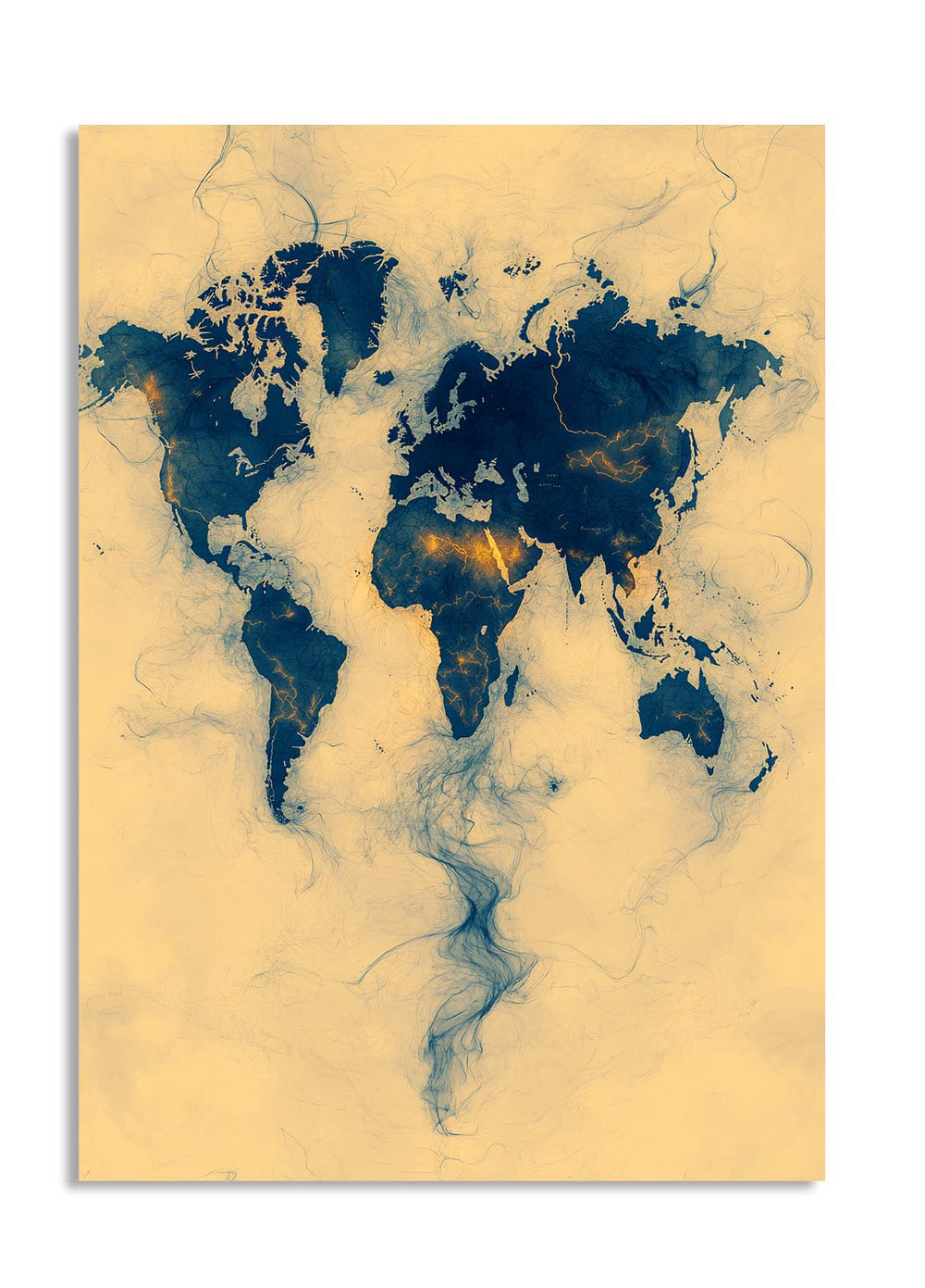 World map art print with blue and black continents on a beige background, as a premium aluminum metal print from GoMetalPrint.
