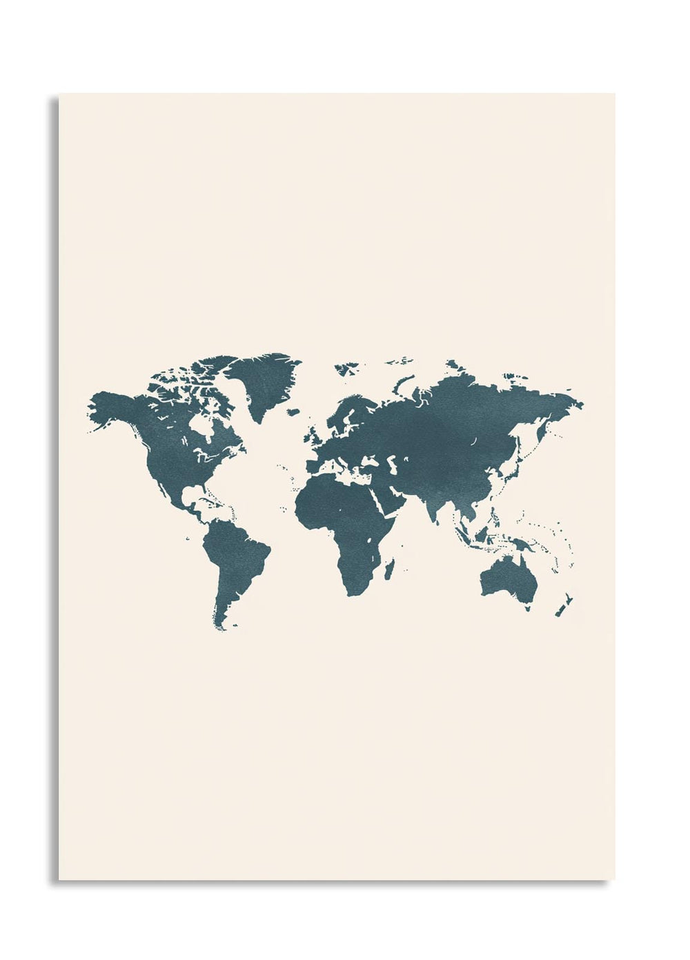 World map in teal color on a beige background, as a premium aluminum metal print from GoMetalPrint.
