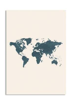 World map in teal color on a beige background, as a premium aluminum metal print from GoMetalPrint.
