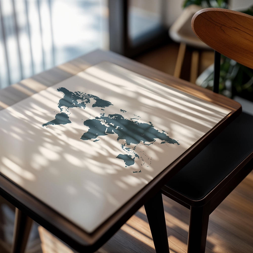 World map in teal color on a beige background, as a premium aluminum metal print from GoMetalPrint.
