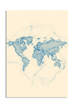World map poster with blue watercolor style on a beige background, as a premium aluminum metal print from GoMetalPrint.
