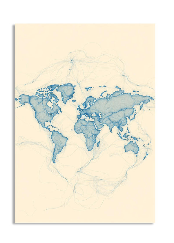 World map poster with blue watercolor style on a beige background, as a premium aluminum metal print from GoMetalPrint.
