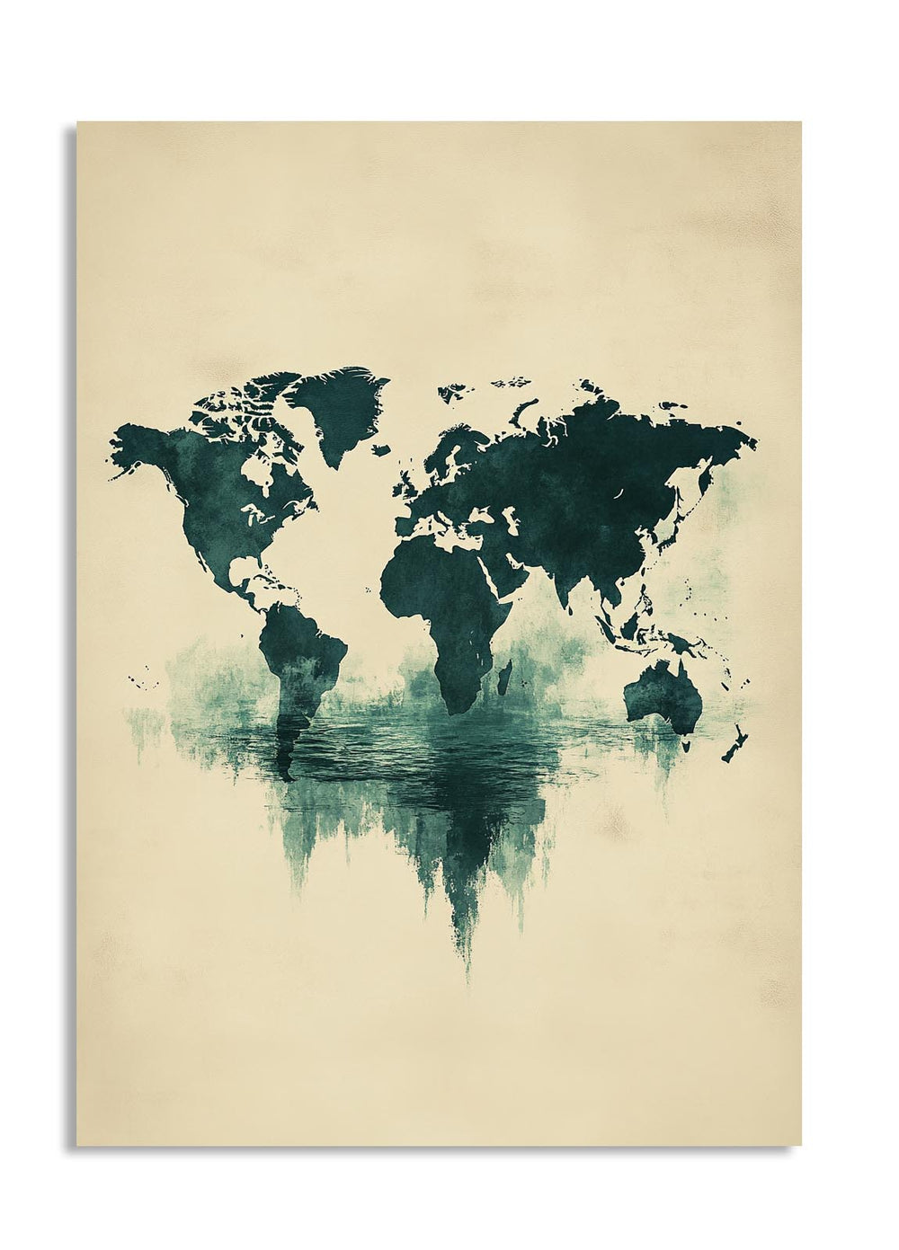 World map poster with a watercolor design on a beige background, as a premium aluminum metal print from GoMetalPrint.
