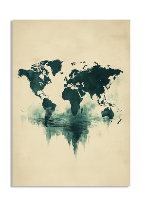 World map poster with a watercolor design on a beige background, as a premium aluminum metal print from GoMetalPrint.
