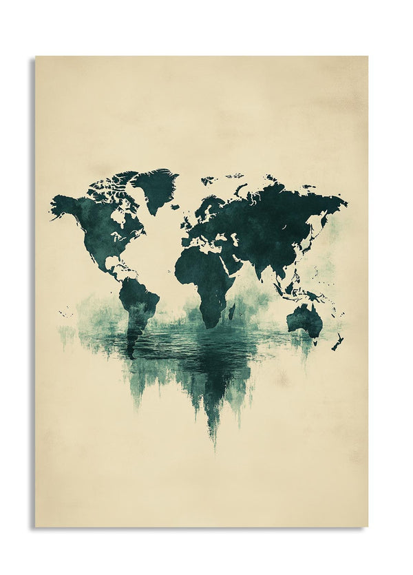 World map poster with a watercolor design on a beige background, as a premium aluminum metal print from GoMetalPrint.
